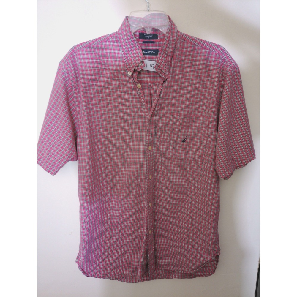 Nautica Button Down Shirt Mens Medium Red Plaid Fall Sleeve Preppy Coastal Shore